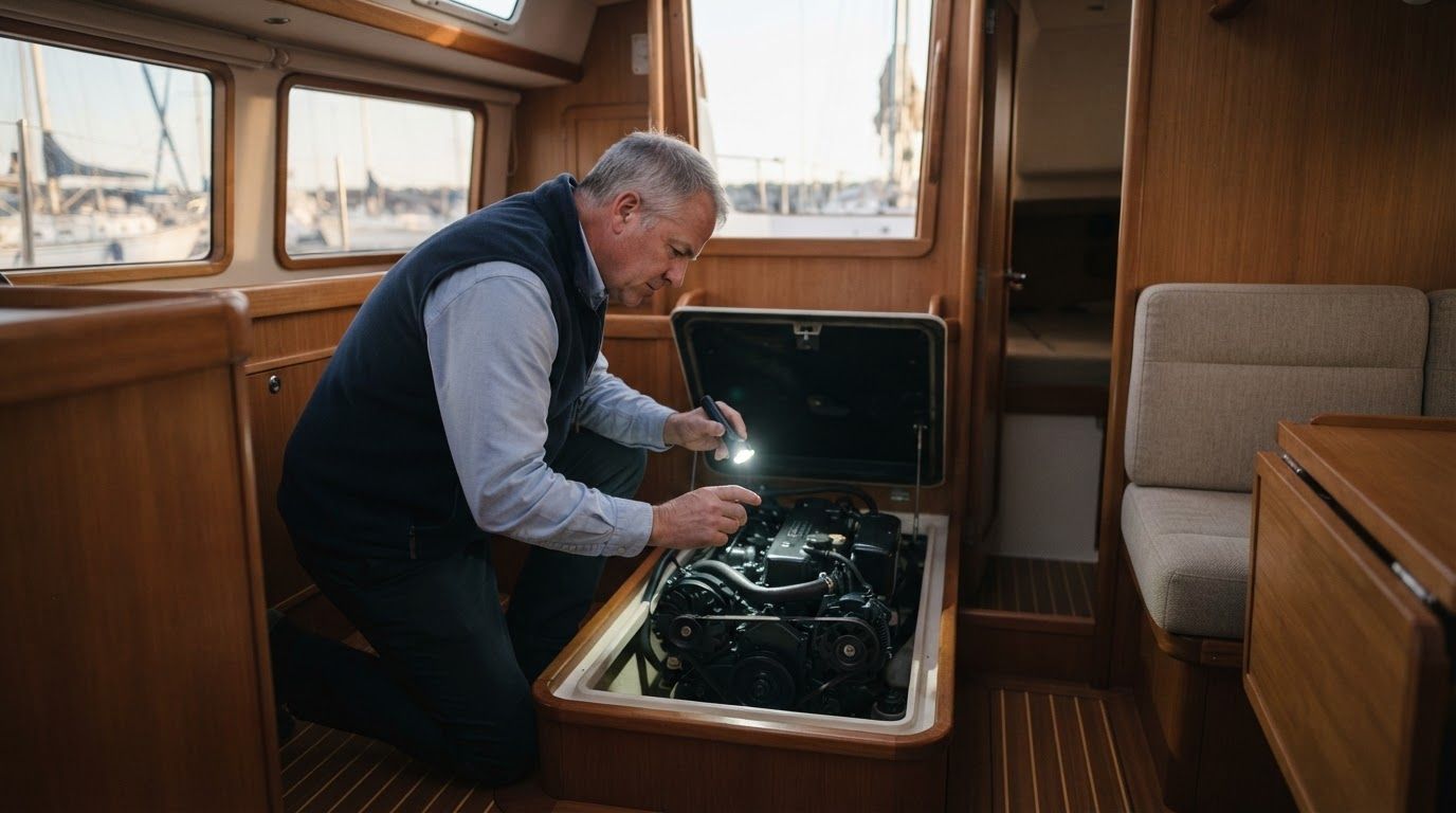 A buyer kneels in a sailboat saloon shining a flashlight on the diesel engine during a winter inspection in King Harbor