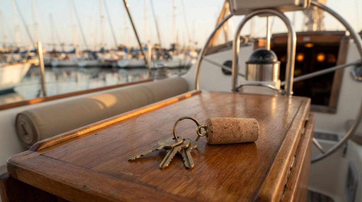 Boat keys on a cork float resting on a teak cockpit table in a Southern California marina
