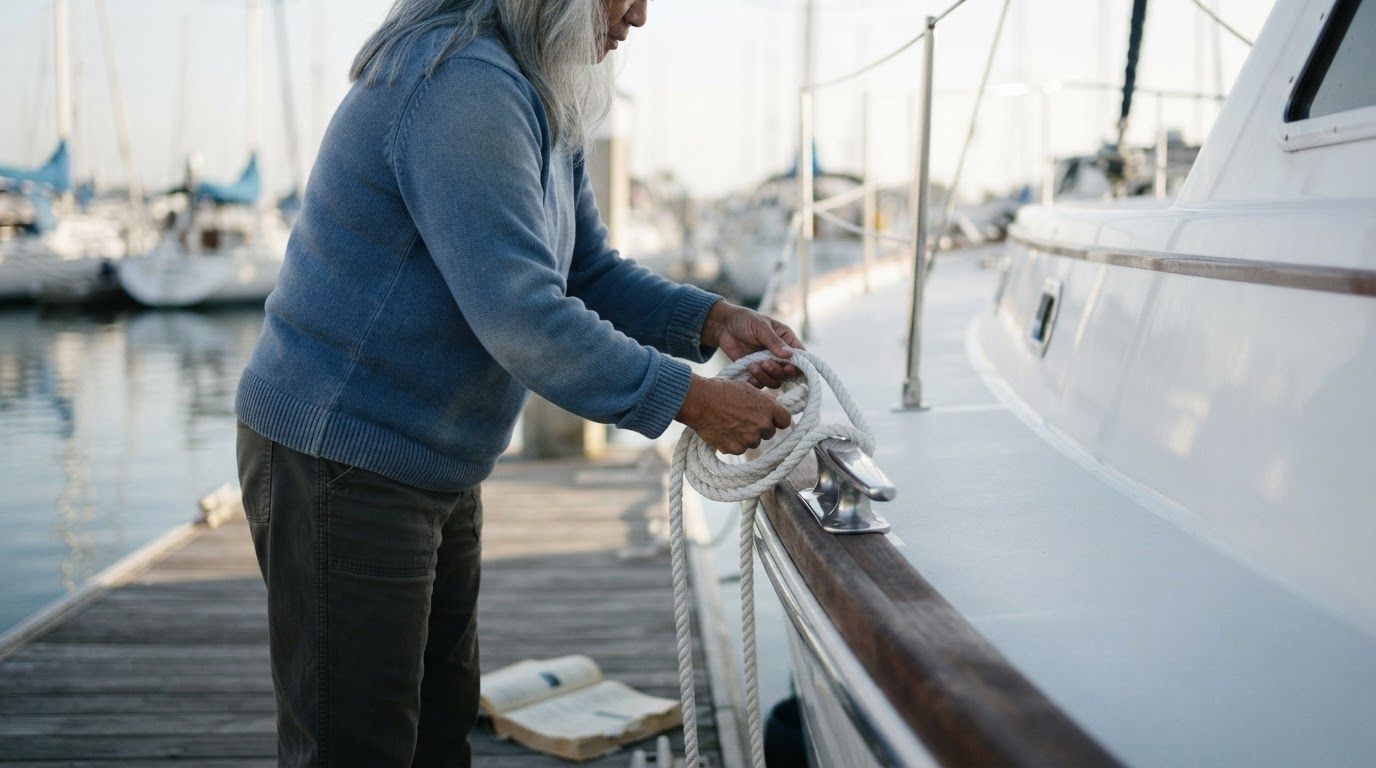 Boat owner coiling a dock line on a cleat beside a cruising powerboat in a Southern California marina