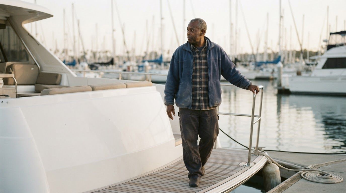 Yacht owner standing at the stern of his cruising powerboat in a Southern California marina at sunset